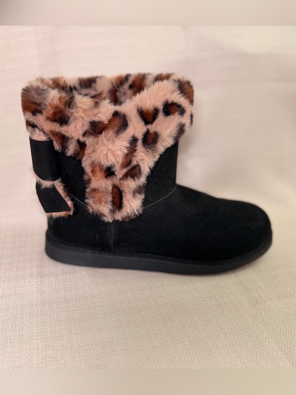Juicy Couture Black Boot with Leopard Faux-Fur Cuff